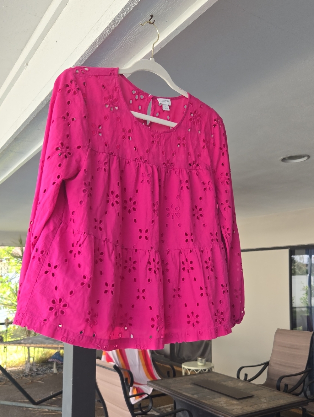 J. Crew Hot Pink Eyelet Peasant Blouse